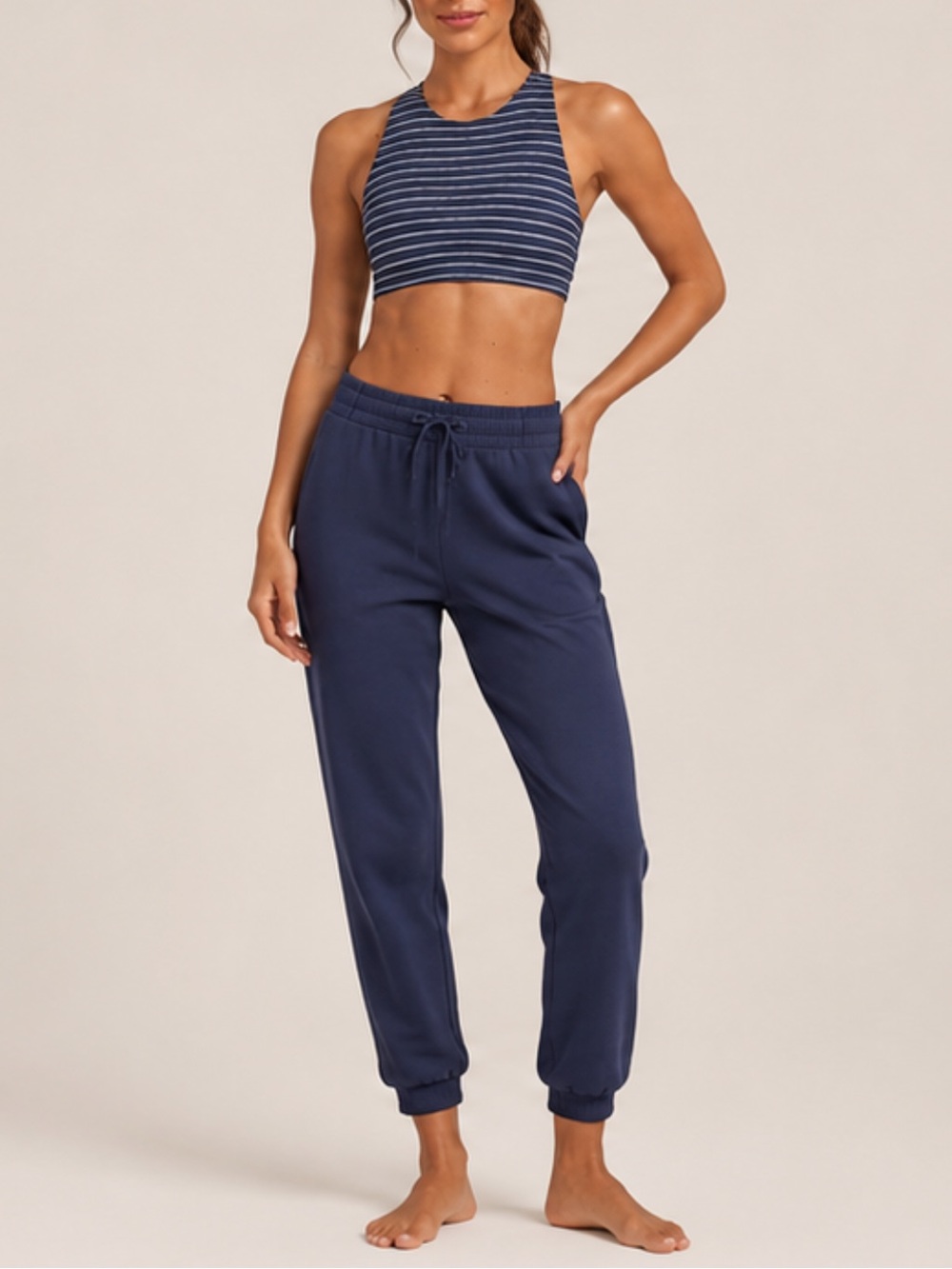 Athleta Navy Stripe High Neck Longline Sports Bra Size XS